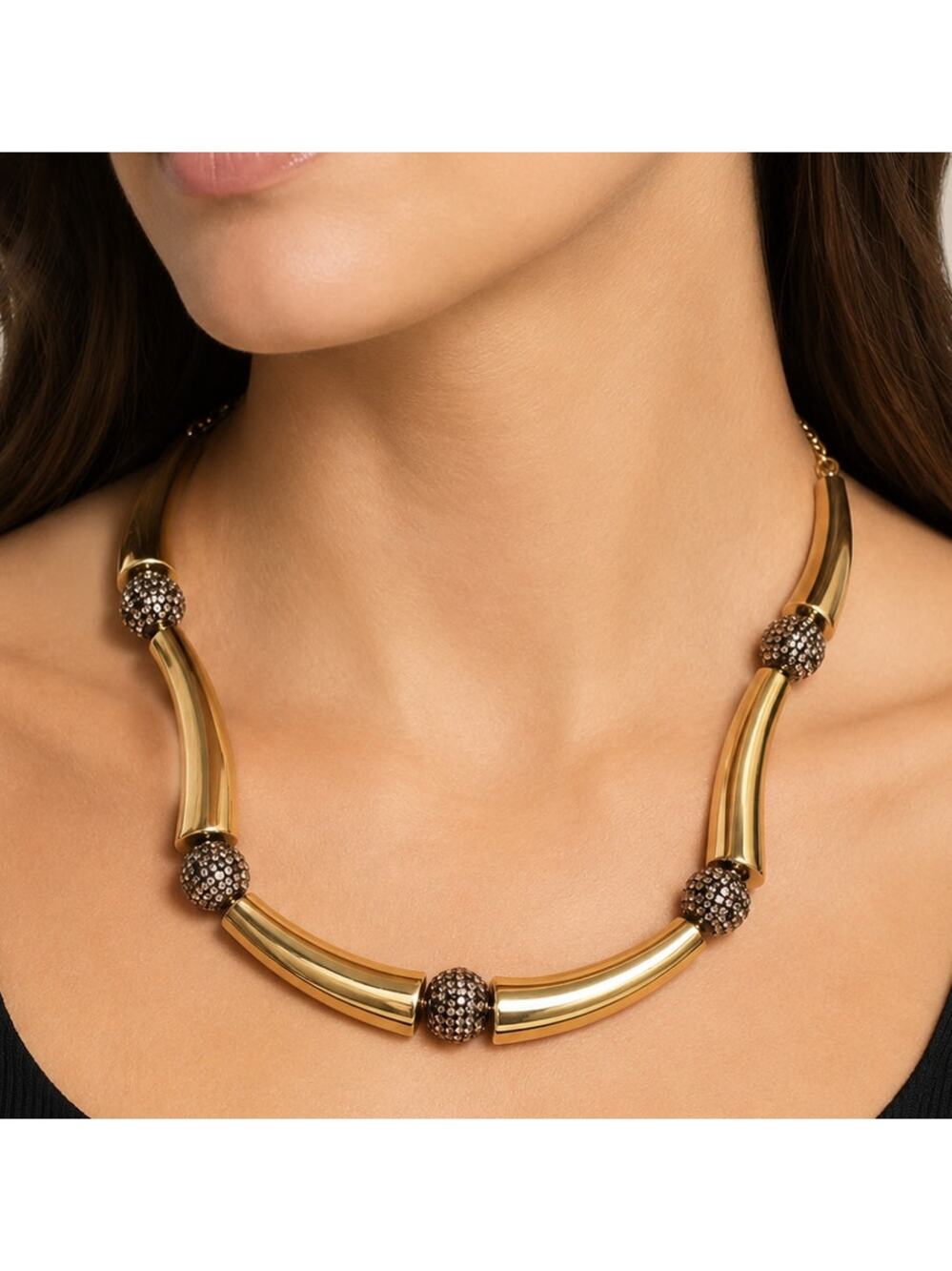 Modern Statement Necklace Black Lucite Beads Gold-tone Adjustable Unusual gn2-01